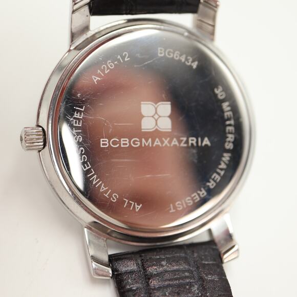 BCBG MAXAZRIA 38mm Black Watch Gem Glitz Bezel Black Leather with New Battery